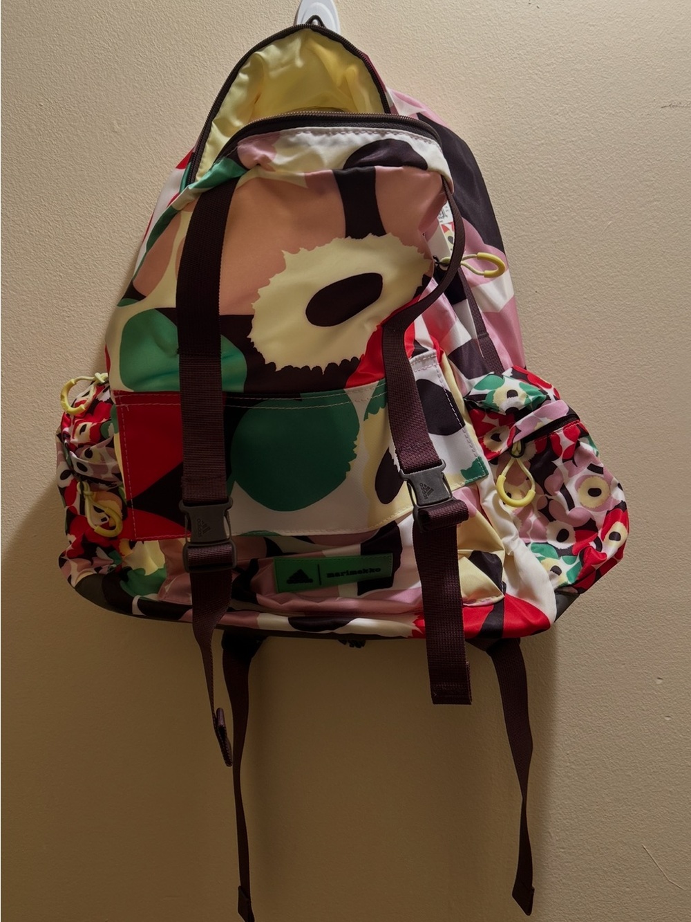 Marimekko Pink Green Red Floral Print Canvas Backpack - Picture 2 of 2